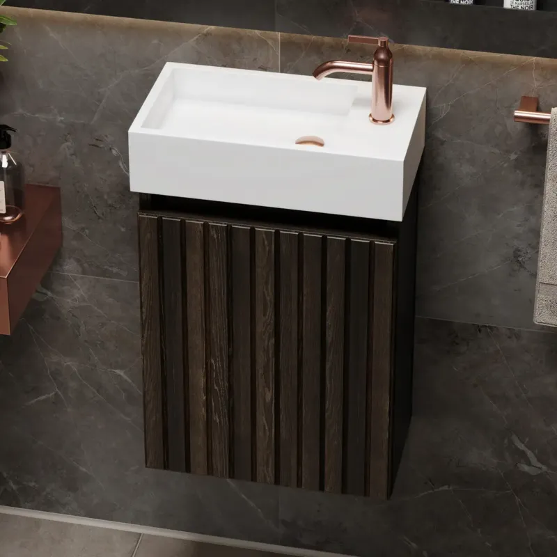Fontana Alaska toiletmeubel ribbelfront kasteel bruin 40x22cm met solid surface fontein rechts Dagaanbieding