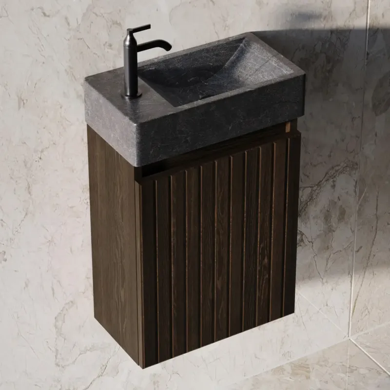 Fontana Recto toiletmeubel ribbelfront kasteel bruin 40x22cm met natuurstenen fontein links Koopje