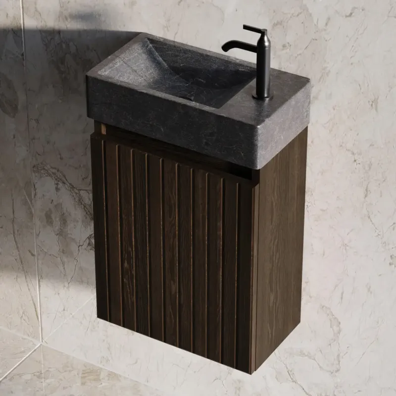 Exclusieve Aanbieding Fontana Recto toiletmeubel ribbelfront kasteel bruin 40x22cm met natuurstenen fontein rechts