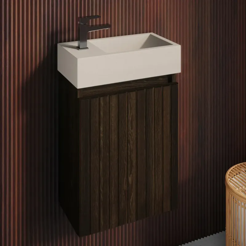 Fontana Crest toiletmeubel ribbelfront kasteel bruin 40x22cm met beige fontein links Nieuw