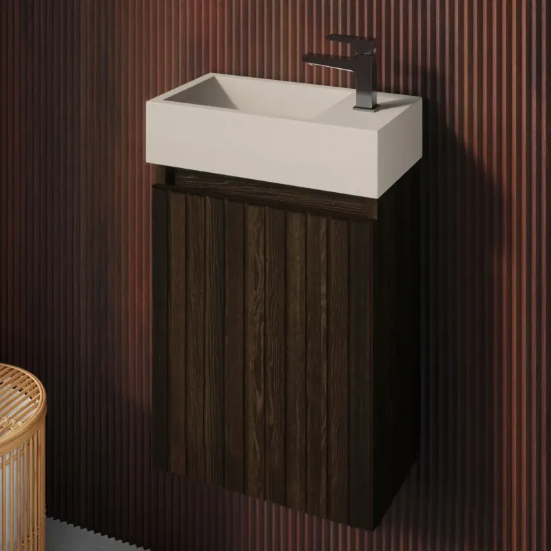 Premium Fontana Crest toiletmeubel ribbelfront kasteel bruin 40x22cm met beige fontein rechts