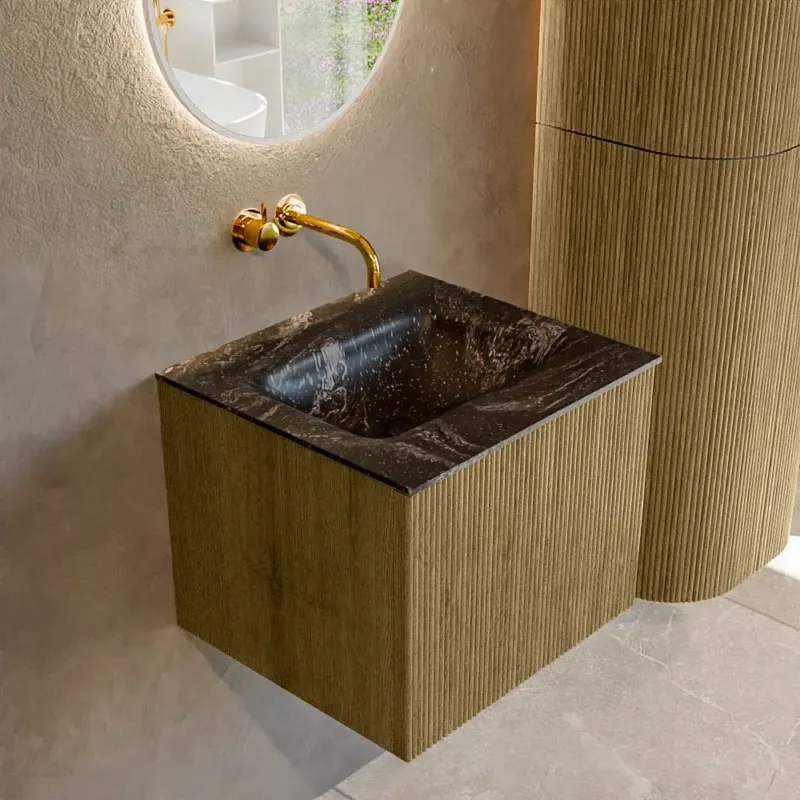 Mondiaz Kurve-dlux 50cm badmeubel dusk met 1 lade en wastafel grunne midden zonder kraangat lava Hoge Kwaliteit