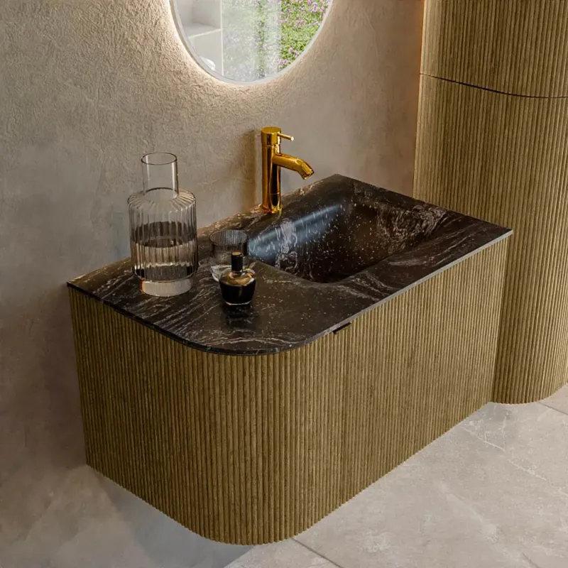 Nieuw Mondiaz Kurve-dlux 75cm badmeubel ronding links dusk met 1 lade en deur en wastafel grunne kraangat rechts lava