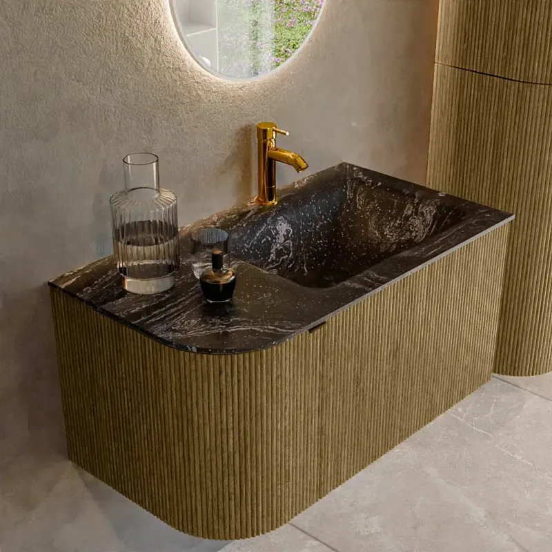 Must-Have Mondiaz Kurve-dlux 85cm badmeubel ronding links dusk met 1 lade en deur en wastafel cloud kraangat rechts lava
