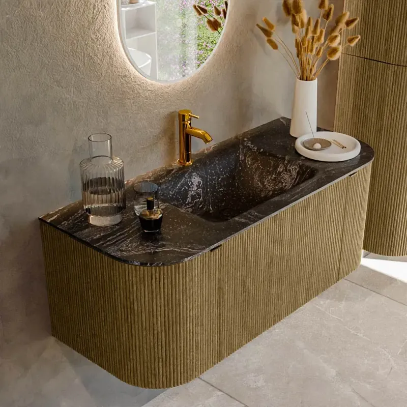 Shop Nu Mondiaz Kurve-dlux 110cm badmeubel ronding links/rechts dusk met 1 lade en 2 deuren en wastafel cloud midden 1 kraangat lava