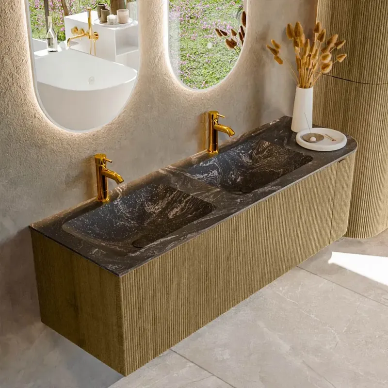 Shop Nu Mondiaz Kurve-dlux 145cm badmeubel ronding rechts dusk met 1 lade en deur en wastafel leaf dubbel/links 2 kraangaten lava