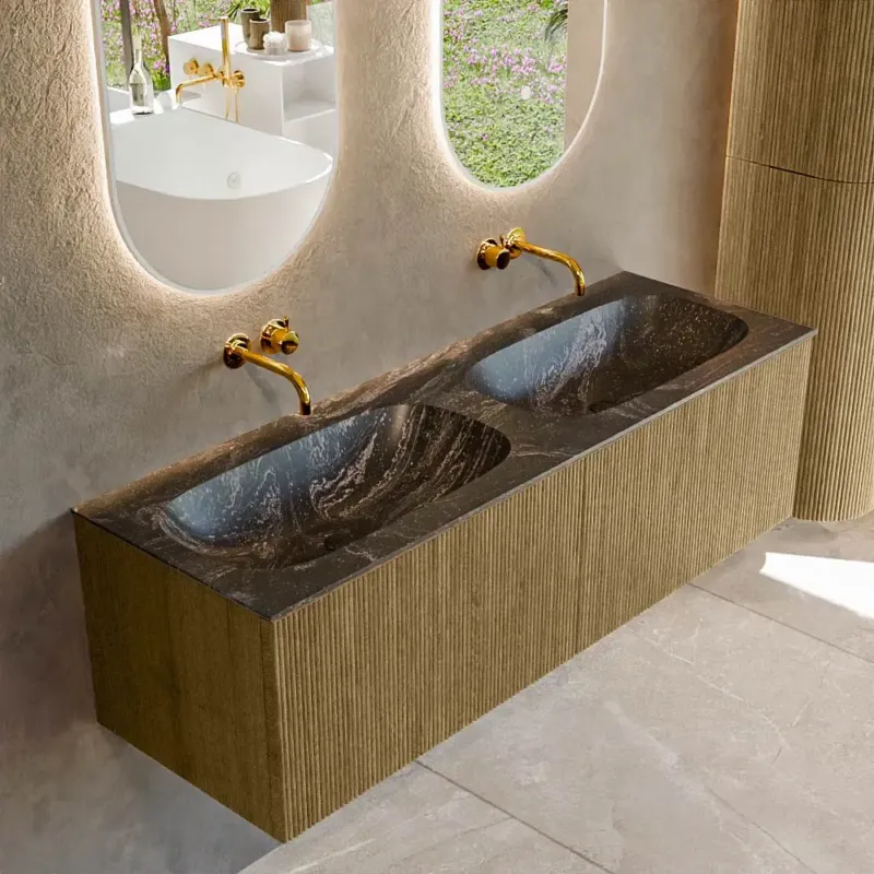 Beste Prijs Mondiaz Kurve-dlux 140cm badmeubel dusk met 2 lades en wastafel stor small dubbel zonder kraangat lava