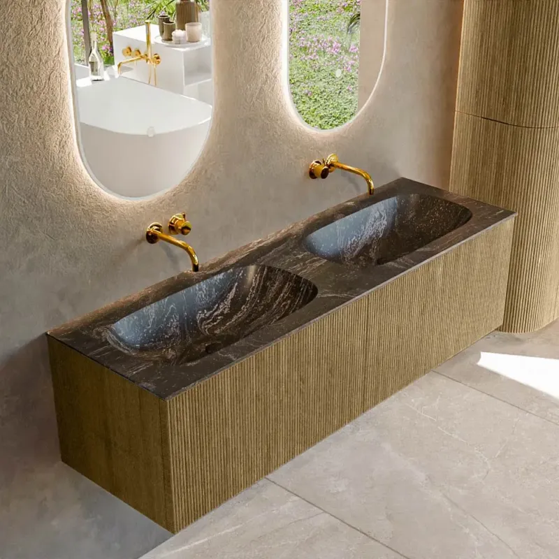 Shop Nu Mondiaz Kurve-dlux 150cm badmeubel dusk met 2 lades en wastafel stor small dubbel zonder kraangat lava
