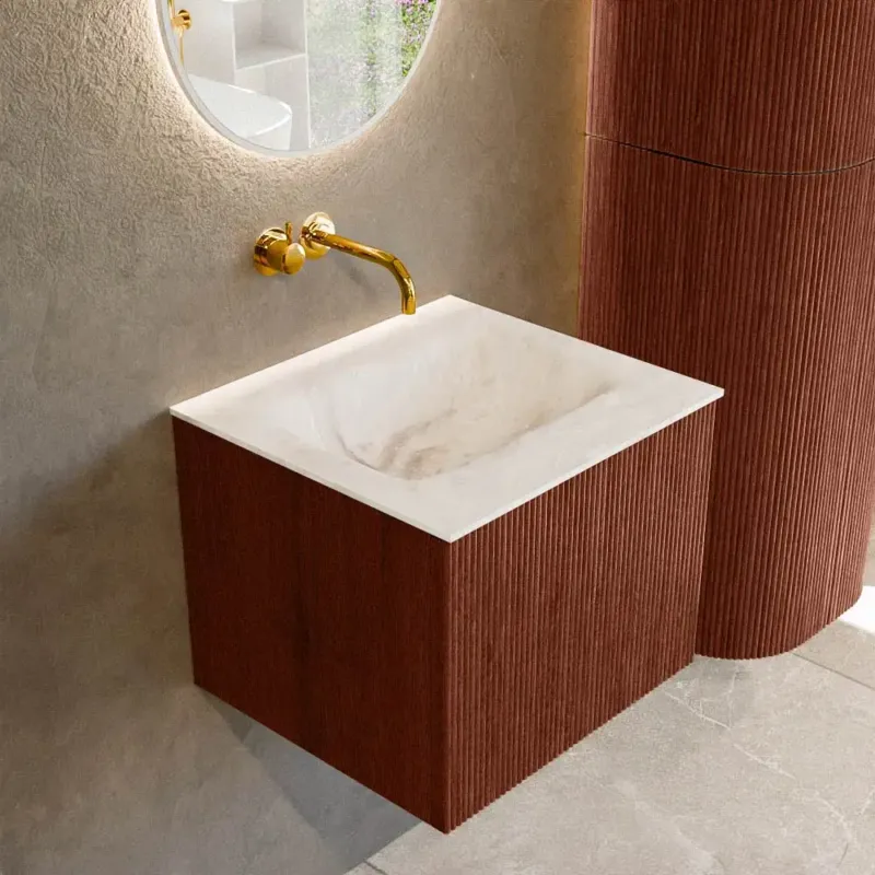 Veilige Betaling Mondiaz Kurve-dlux 50cm badmeubel ruby met 1 lade en wastafel grunne midden zonder kraangat frappe