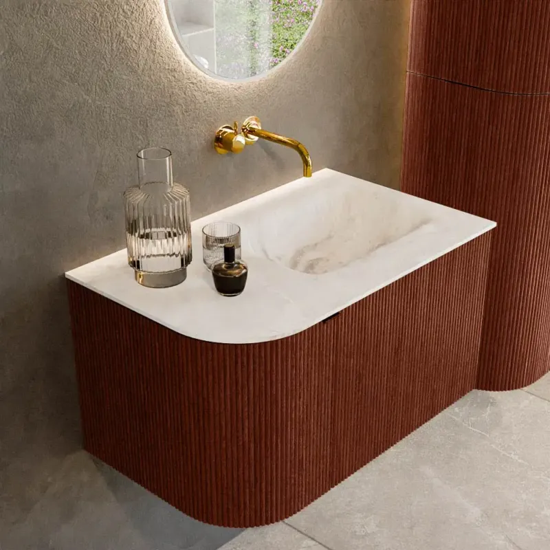 Voordeelprijs Mondiaz Kurve-dlux 75cm badmeubel ronding links ruby met 1 lade en deur en wastafel grunne rechts zonder kraangat frappe