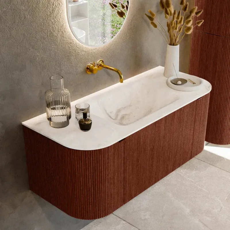 Shop Nu Mondiaz Kurve-dlux 110cm badmeubel ronding links/rechts ruby met 1 lade en 2 deuren en wastafel cloud midden zonder kraangat frappe