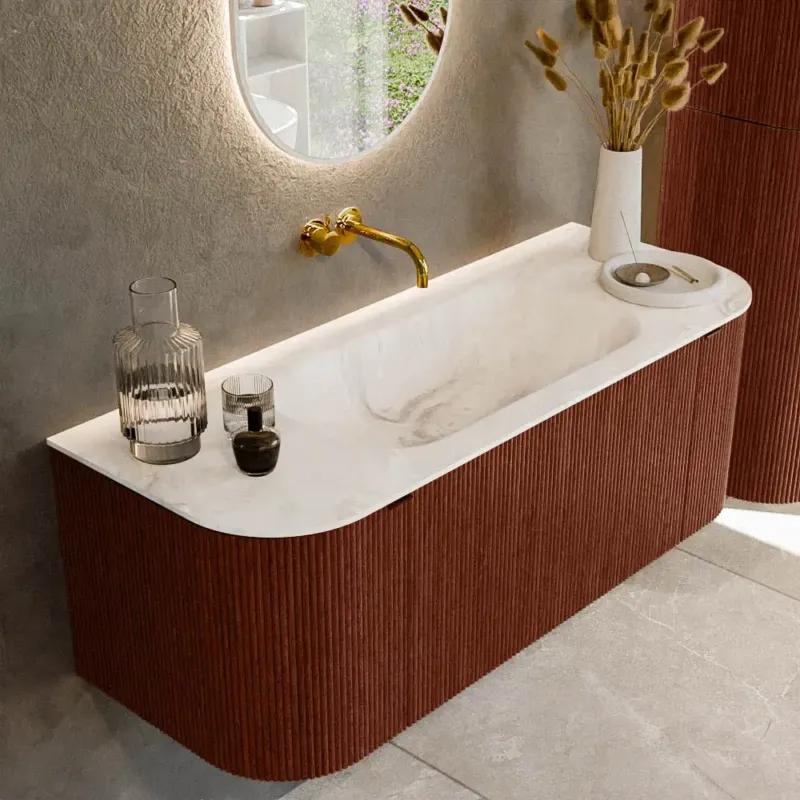 Rechtstreeks Van De Fabrikant Mondiaz Kurve-dlux 120cm badmeubel ronding links/rechts ruby met 1 lade en 2 deuren en wastafel big small midden zonder kraangat frappe