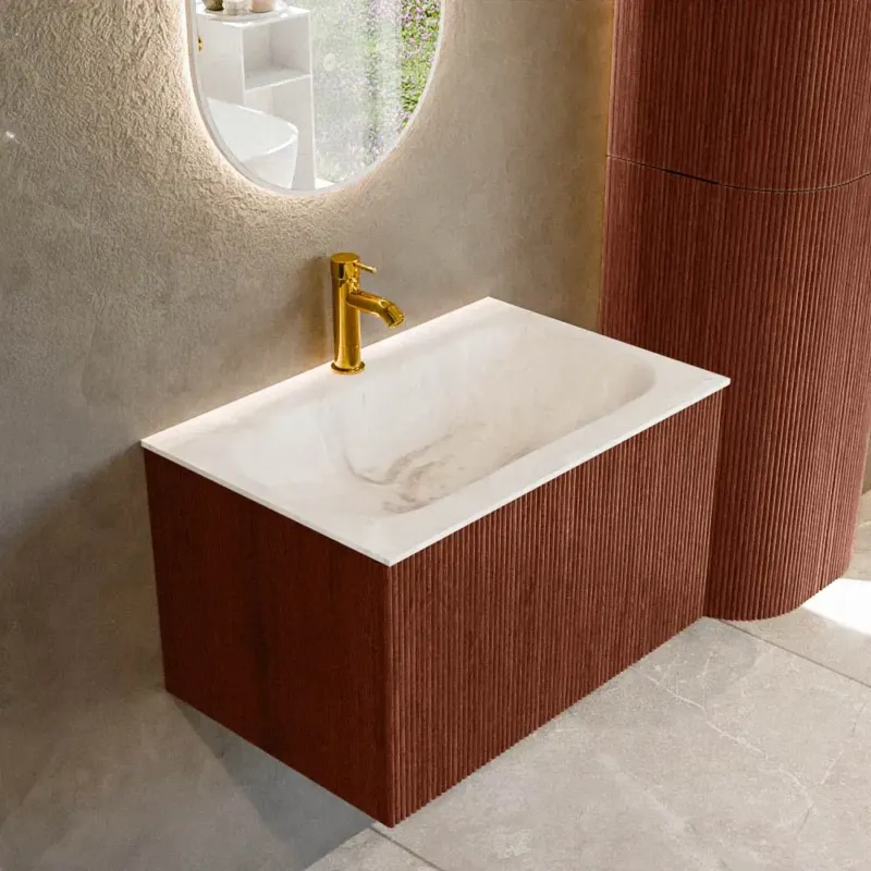 Must-Have Mondiaz Kurve-dlux 70cm badmeubel ruby met 1 lade en wastafel big small midden 1 kraangat frappe