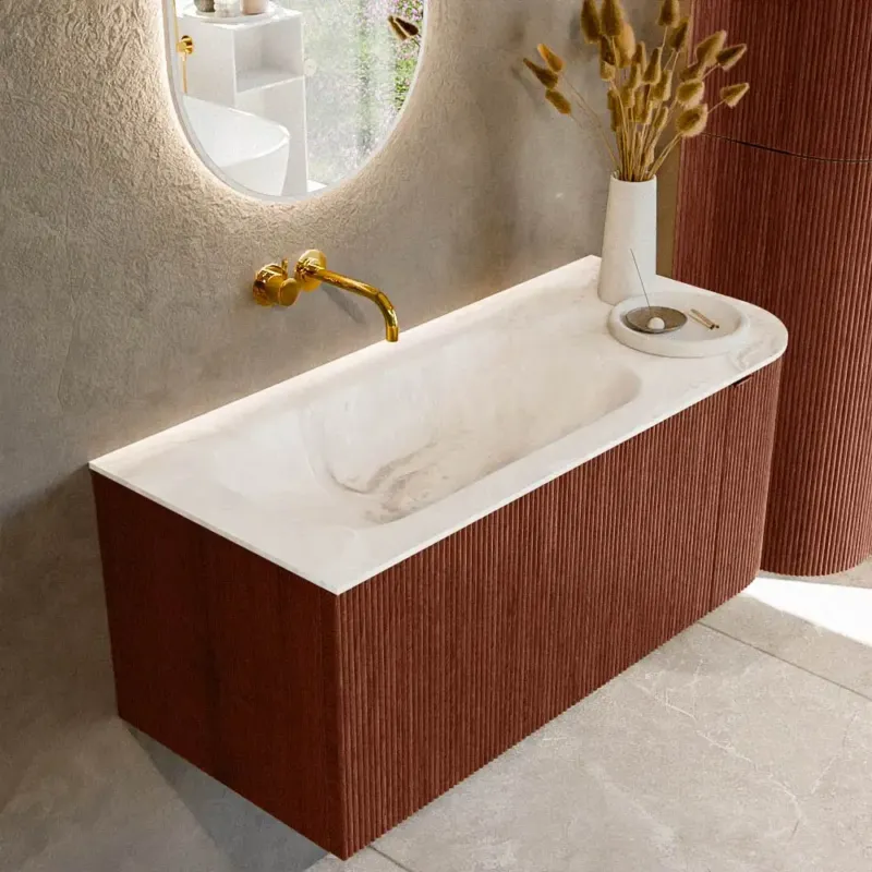 Aanbieding Mondiaz Kurve-dlux 105cm badmeubel ronding rechts ruby met 1 lade en deur en wastafel big small links zonder kraangat frappe