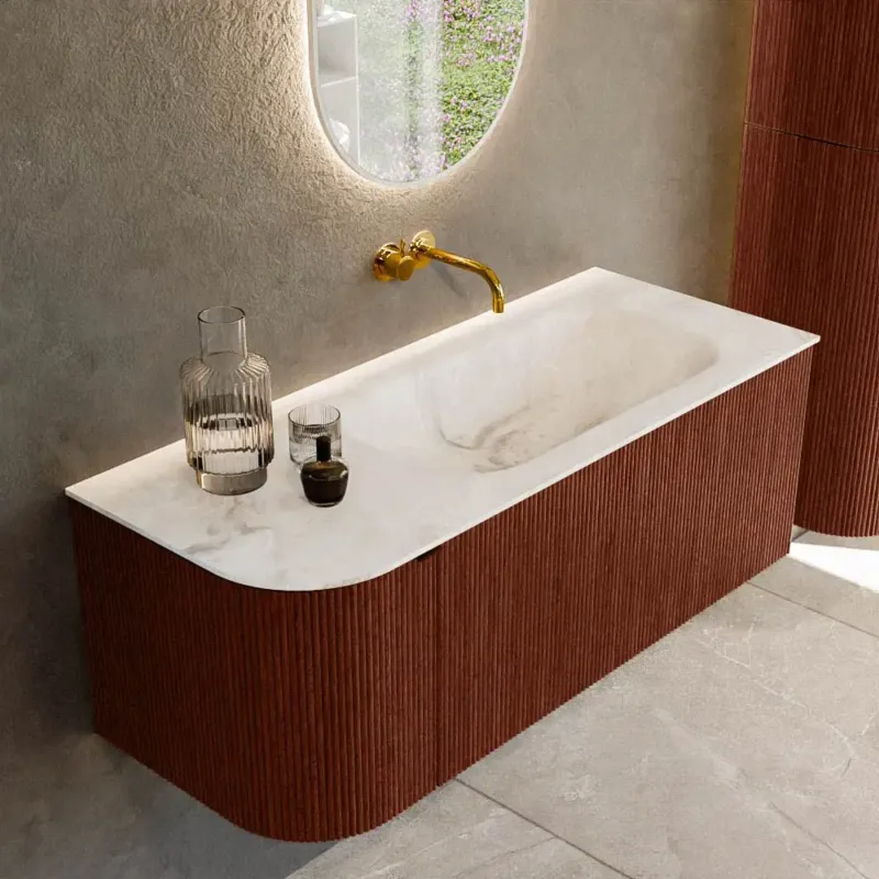 Beperkte Voorraad Mondiaz Kurve-dlux 115cm badmeubel ronding links ruby met 1 lade en deur en wastafel big small rechts zonder kraangat frappe