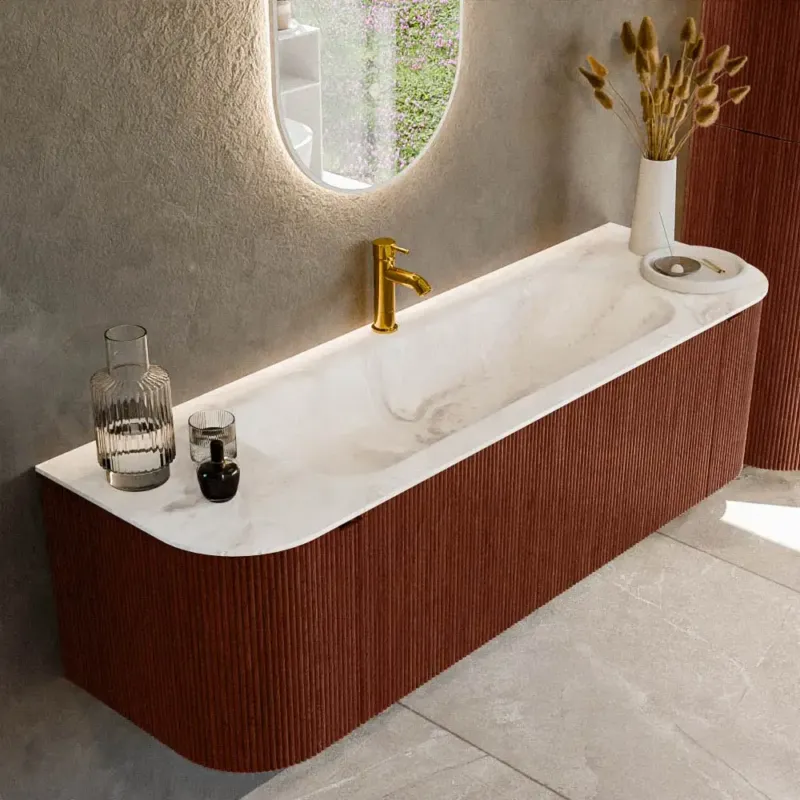 Alleen Vandaag Mondiaz Kurve-dlux 150cm badmeubel ronding links/rechts ruby met 1 lade en 2 deuren en wastafel big medium midden 1 kraangat frappe