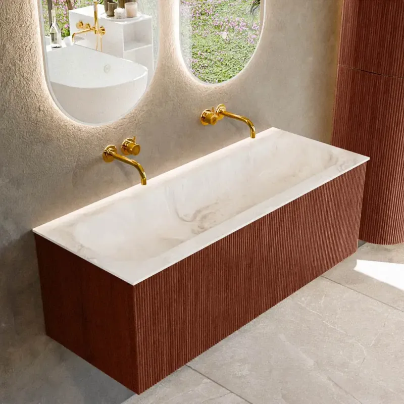 Beperkt Aanbod Mondiaz Kurve-dlux 120cm badmeubel ruby met 1 lade en wastafel big large midden zonder kraangat frappe