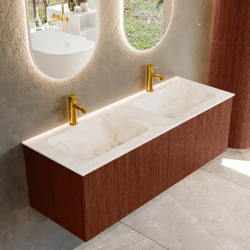 Voordeelprijs Mondiaz Kurve-dlux 130cm badmeubel ruby met 2 lades en wastafel leaf dubbel 2 kraangaten frappe