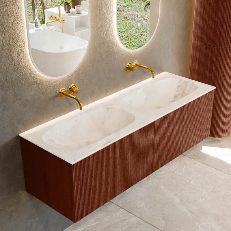 Nu Kopen Mondiaz Kurve-dlux 140cm badmeubel ruby met 2 lades en wastafel stor small dubbel zonder kraangat frappe