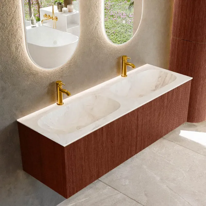 Seizoensaanbieding Mondiaz Kurve-dlux 140cm badmeubel ruby met 2 lades en wastafel stor small dubbel 2 kraangaten frappe