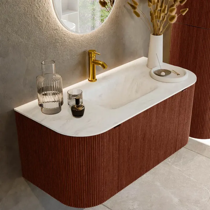 Must-Have Mondiaz Kurve-dlux 100cm badmeubel ronding links/rechts ruby met 1 lade en 2 deuren en wastafel grunne midden 1 kraangat opalo