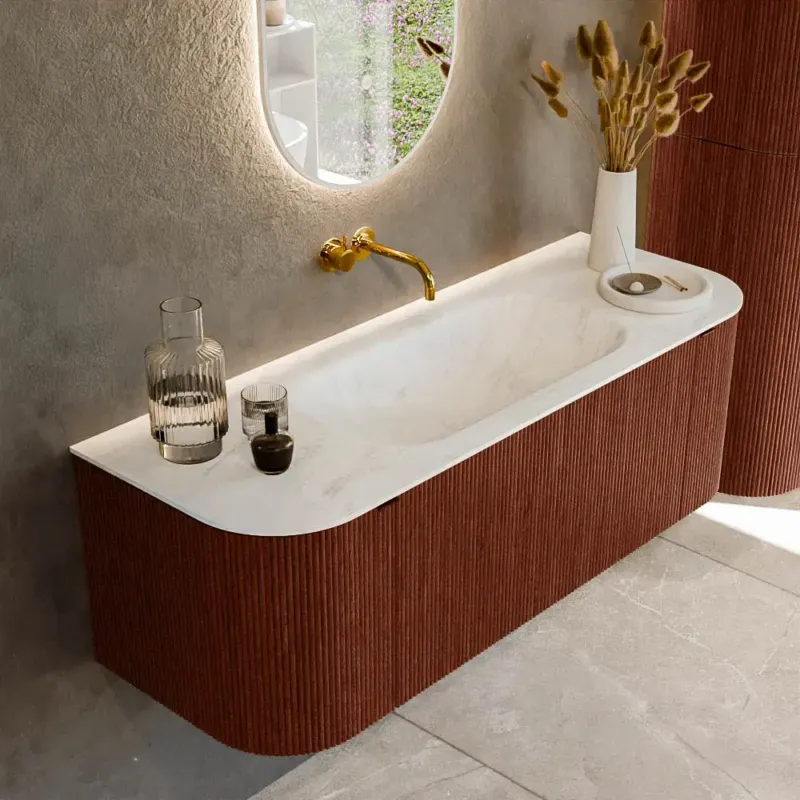 Veilige Betaling Mondiaz Kurve-dlux 130cm badmeubel ronding links/rechts ruby met 1 lade en 2 deuren en wastafel big small midden zonder kraangat opalo