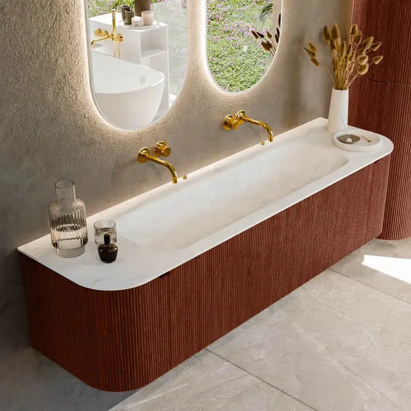 Nu Kopen Mondiaz Kurve-dlux 170cm badmeubel ronding links/rechts ruby met 1 lade en 2 deuren en wastafel big large midden zonder kraangat opalo