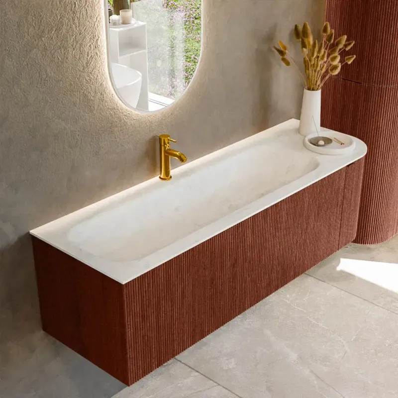 Op = Op Mondiaz Kurve-dlux 145cm badmeubel ronding rechts ruby met 1 lade en deur en wastafel big large kraangat links opalo