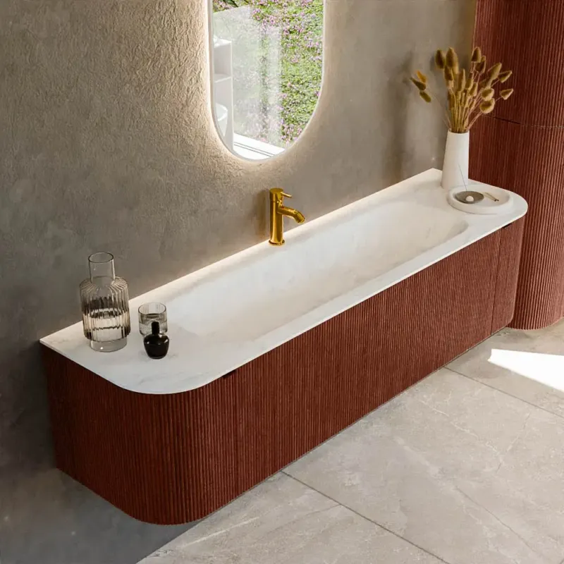 Voordeelprijs Mondiaz Kurve-dlux 170cm badmeubel ronding links/rechts ruby met 1 lade en 2 deuren en wastafel big large midden 1 kraangat opalo