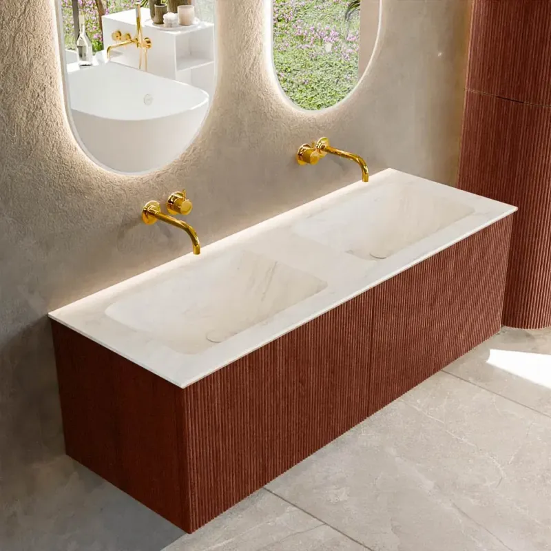 Actieprijs Mondiaz Kurve-dlux 130cm badmeubel ruby met 2 lades en wastafel leaf dubbel zonder kraangat opalo