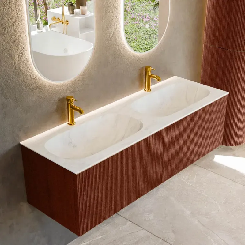 Nu Kopen Mondiaz Kurve-dlux 140cm badmeubel ruby met 2 lades en wastafel stor small dubbel 2 kraangaten opalo