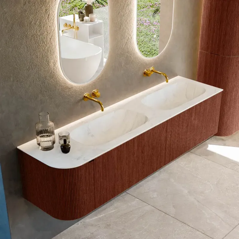 Tijdelijk Beschikbaar Mondiaz Kurve-dlux 175cm badmeubel ronding links ruby met 2 lades en 1 deur en wastafel stor small dubbel/rechts zonder kraangat opalo