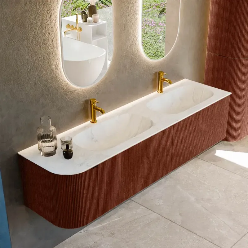 Populair Mondiaz Kurve-dlux 175cm badmeubel ronding links ruby met 2 lades en 1 deur en wastafel stor small dubbel/rechts 2 kraangaten opalo