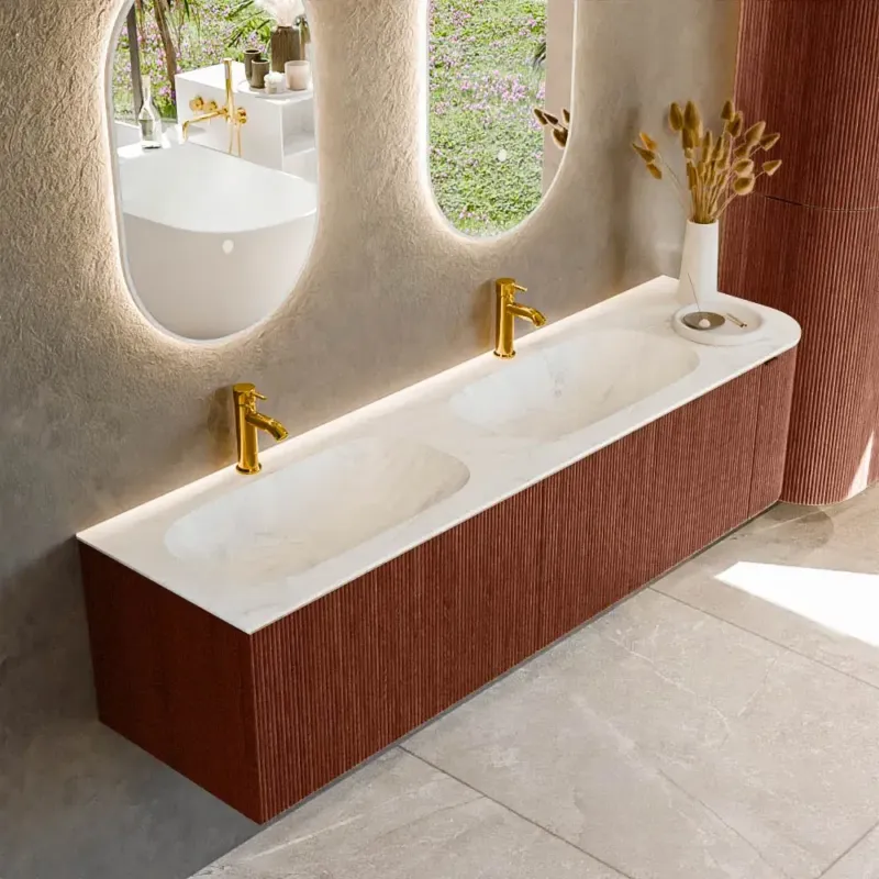Aanbieding Mondiaz Kurve-dlux 175cm badmeubel ronding rechts ruby met 2 lades en 1 deur en wastafel stor small dubbel/links 2 kraangaten opalo