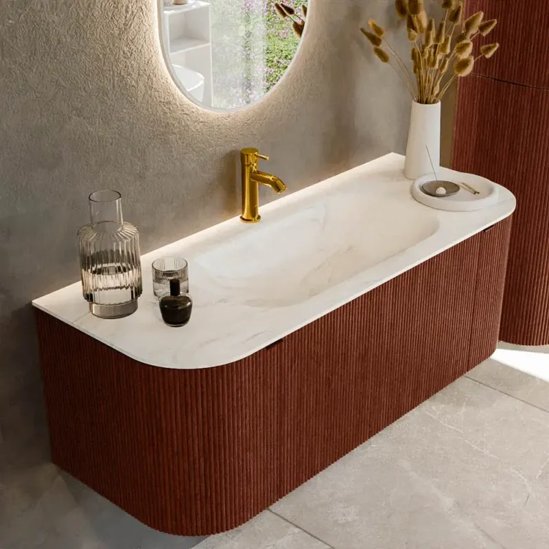 Actieprijs Mondiaz Kurve-dlux 120cm badmeubel ronding links/rechts ruby met 1 lade en 2 deuren en wastafel big small midden 1 kraangat ostra