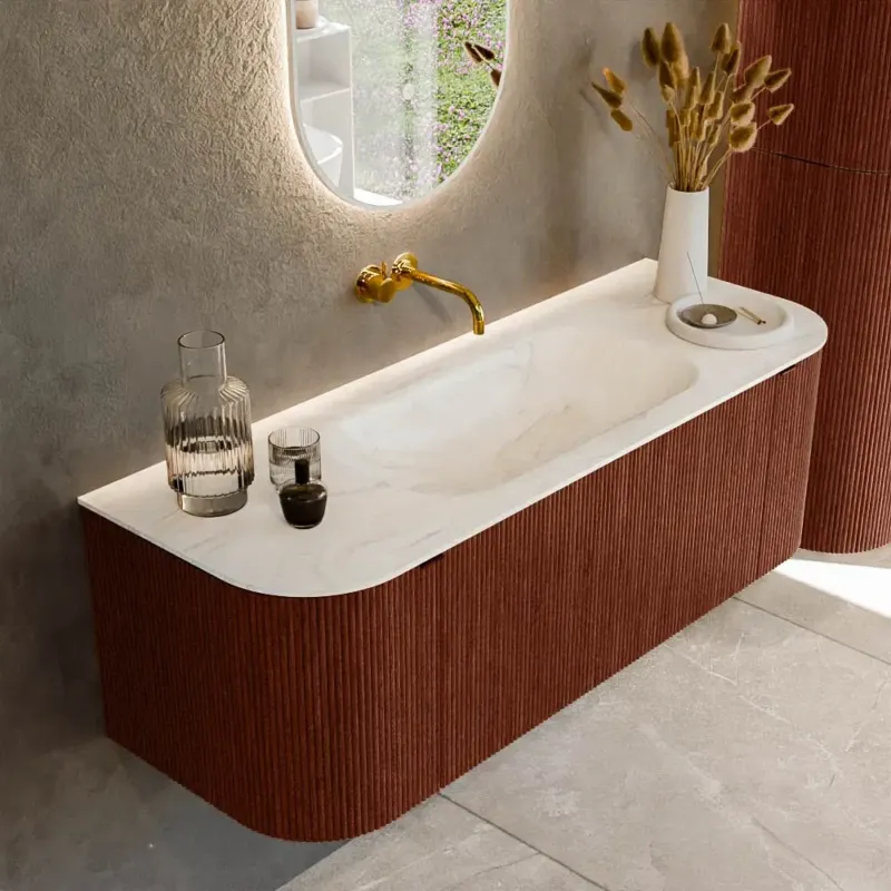 Beperkt Aanbod Mondiaz Kurve-dlux 130cm badmeubel ronding links/rechts ruby met 1 lade en 2 deuren en wastafel big small midden zonder kraangat ostra