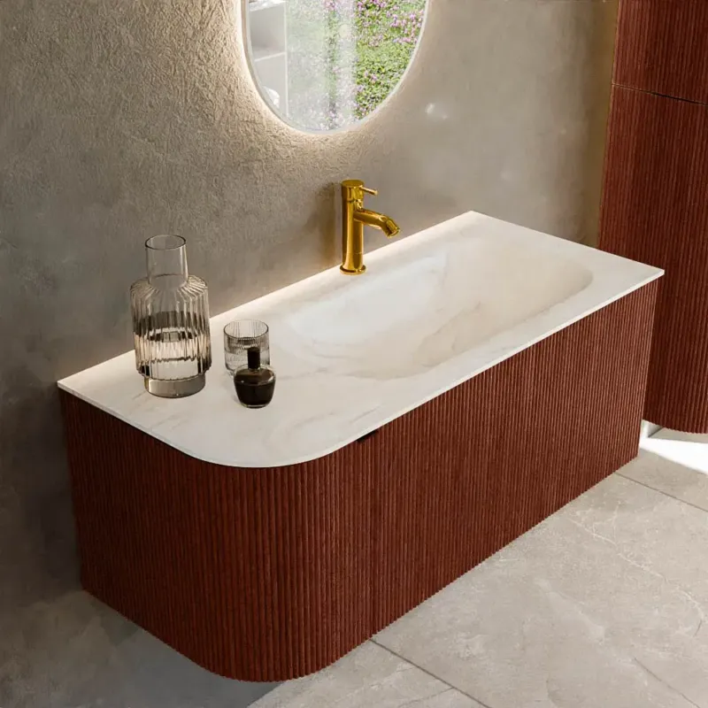 Nu Kopen Mondiaz Kurve-dlux 105cm badmeubel ronding links ruby met 1 lade en deur en wastafel big small kraangat rechts ostra