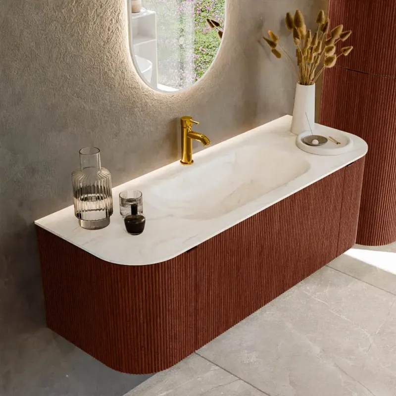Uitverkoop Mondiaz Kurve-dlux 130cm badmeubel ronding links/rechts ruby met 1 lade en 2 deuren en wastafel big small midden 1 kraangat ostra