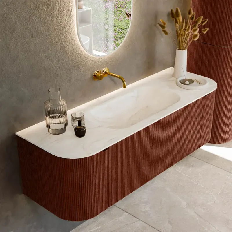 Beste Prijs Mondiaz Kurve-dlux 140cm badmeubel ronding links/rechts ruby met 1 lade en 2 deuren en wastafel big small midden zonder kraangat ostra