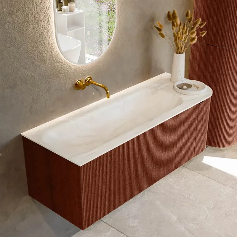 Rechtstreeks Van De Fabrikant Mondiaz Kurve-dlux 125cm badmeubel ronding rechts ruby met 1 lade en deur en wastafel big medium links zonder kraangat ostra