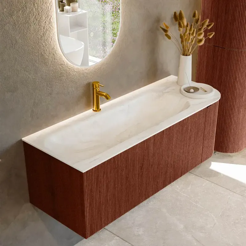 Nu Kopen Mondiaz Kurve-dlux 125cm badmeubel ronding rechts ruby met 1 lade en deur en wastafel big medium kraangat links ostra