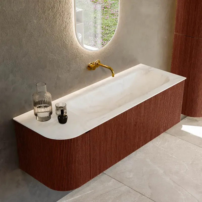 Populair Mondiaz Kurve-dlux 135cm badmeubel ronding links ruby met 1 lade en deur en wastafel big medium rechts zonder kraangat ostra