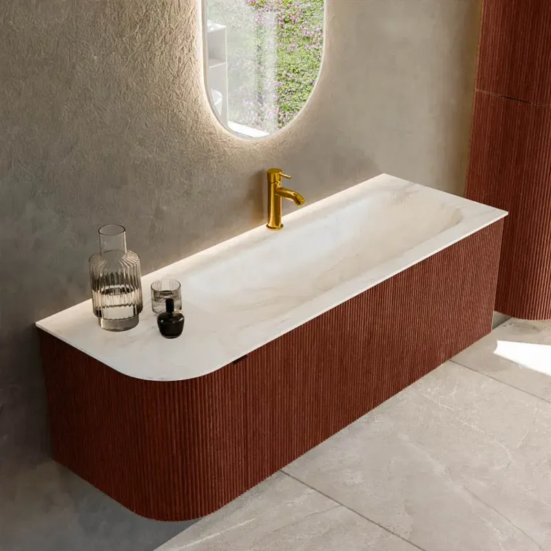 Aanbieding Mondiaz Kurve-dlux 135cm badmeubel ronding links ruby met 1 lade en deur en wastafel big medium kraangat rechts ostra