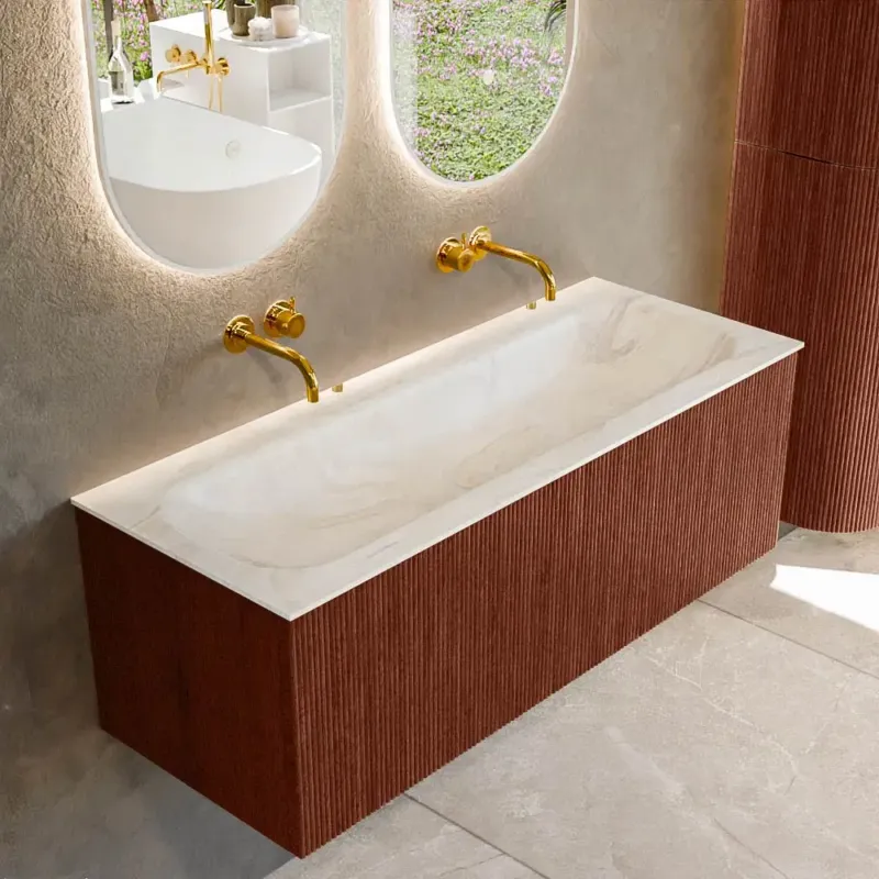 Tijdelijk Beschikbaar Mondiaz Kurve-dlux 120cm badmeubel ruby met 1 lade en wastafel big large midden zonder kraangat ostra