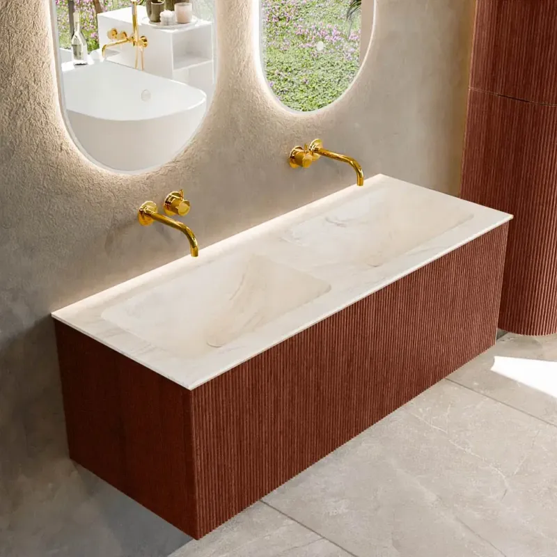 Beperkt Aanbod Mondiaz Kurve-dlux 120cm badmeubel ruby met 1 lade en wastafel leaf dubbel zonder kraangat ostra