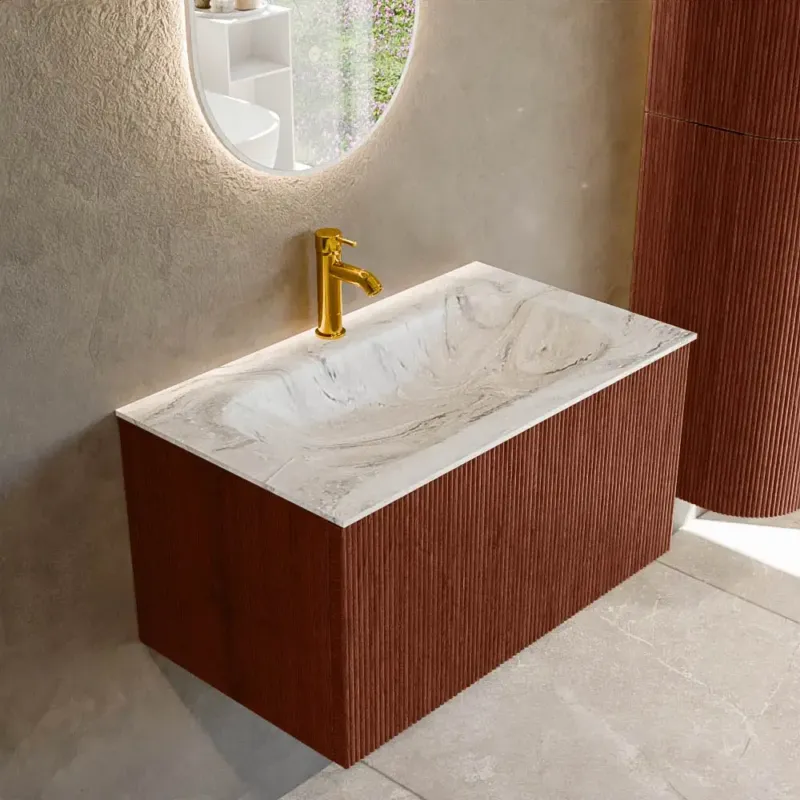Voordeelprijs Mondiaz Kurve-dlux 80cm badmeubel ruby met 1 lade en wastafel big small midden 1 kraangat glace
