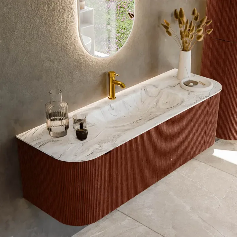 Populair Mondiaz Kurve-dlux 140cm badmeubel ronding links/rechts ruby met 1 lade en 2 deuren en wastafel big small midden 1 kraangat glace