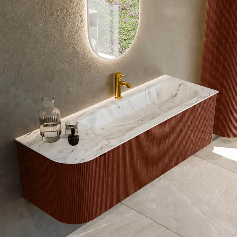 Op = Op Mondiaz Kurve-dlux 135cm badmeubel ronding links ruby met 1 lade en deur en wastafel big medium kraangat rechts glace
