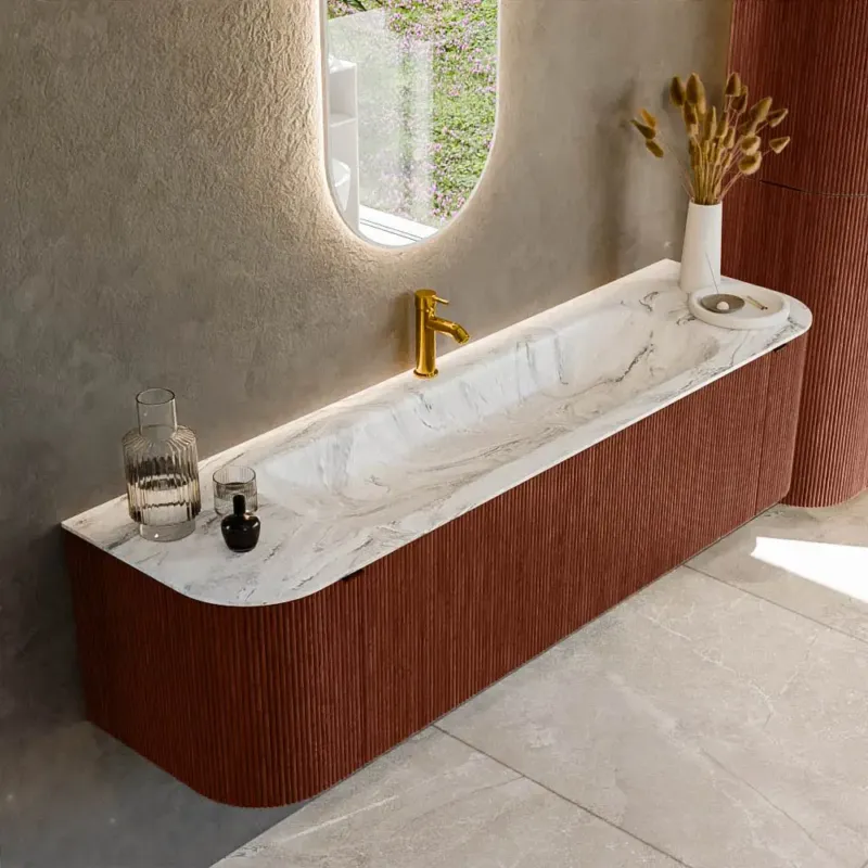 Actieprijs Mondiaz Kurve-dlux 170cm badmeubel ronding links/rechts ruby met 1 lade en 2 deuren en wastafel big large midden 1 kraangat glace