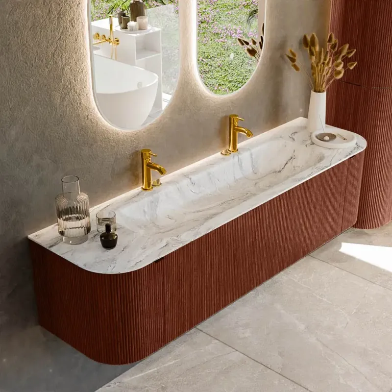 Beperkt Aanbod Mondiaz Kurve-dlux 170cm badmeubel ronding links/rechts ruby met 1 lade en 2 deuren en wastafel big large midden 2 kraangaten glace